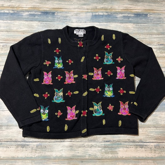 Jack B Quick Sweaters - Jack B. Quick Owl Cardigan Sweater Large Black Embellished Bird Granny Grandma